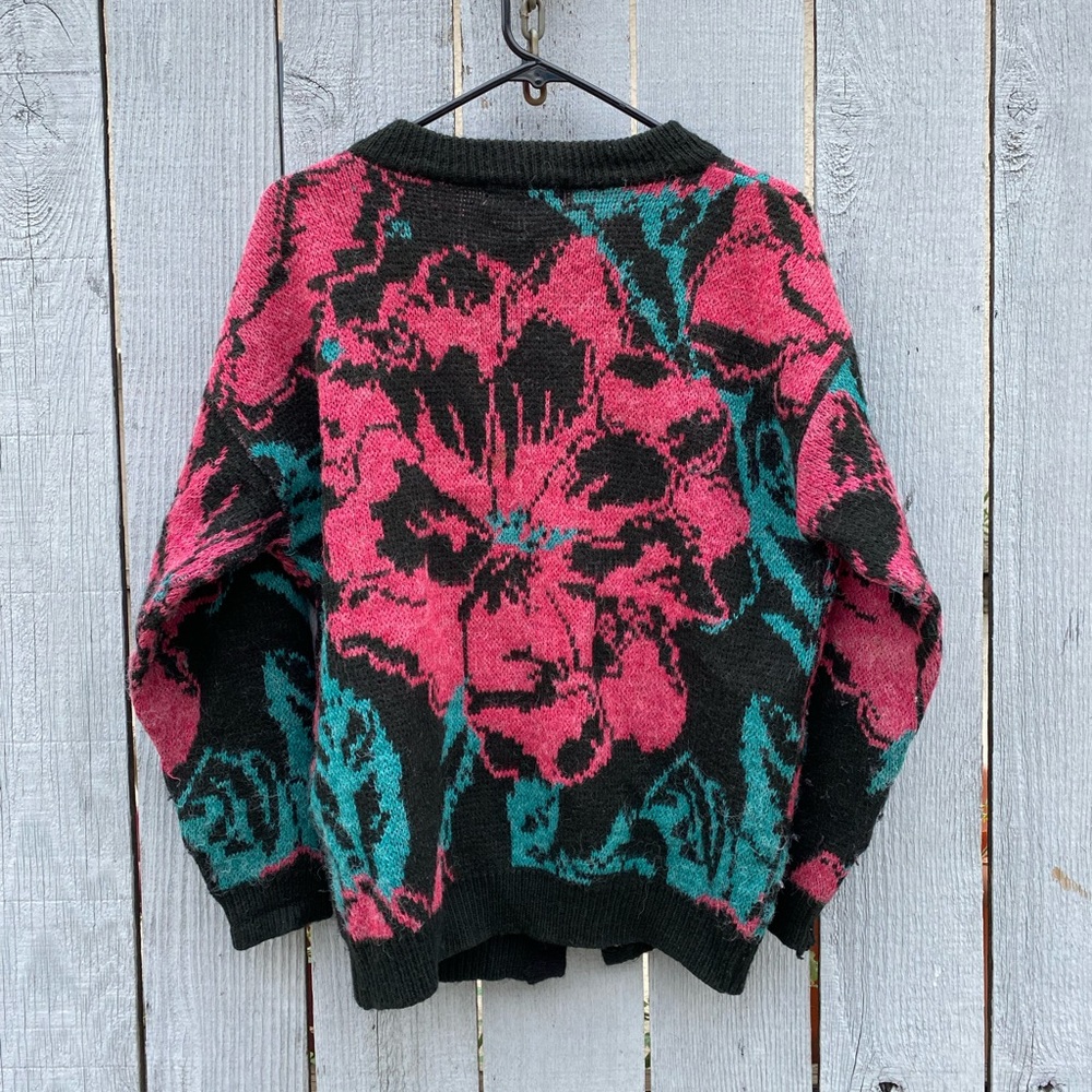 Vintage 70s 80s Floral Rose wool Mohair Cardigan